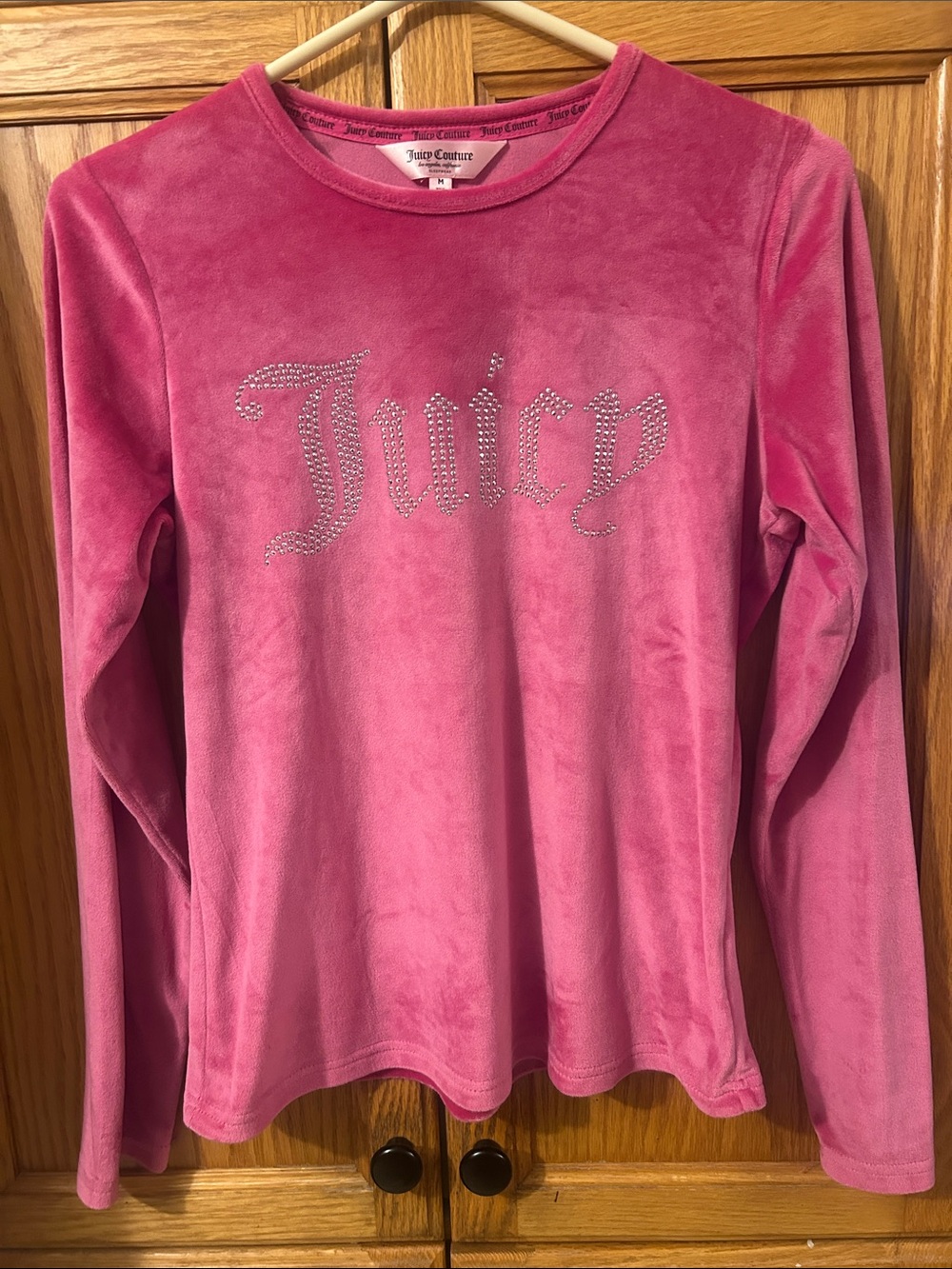 Juicy Couture Pink Velour Long Sleeve Top with Rhinestone Juicy Logo